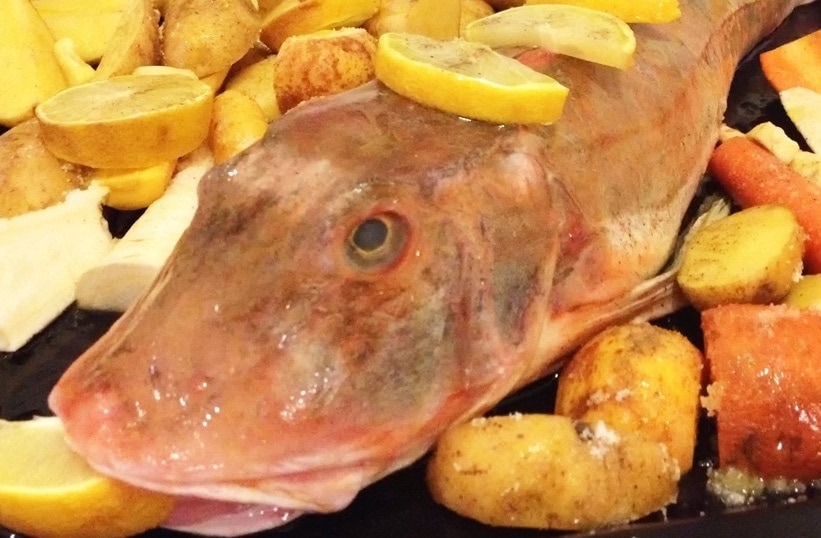 Knurrhahn mit Kartoffeln und Karotten im Ofen - Fisch-Gruber